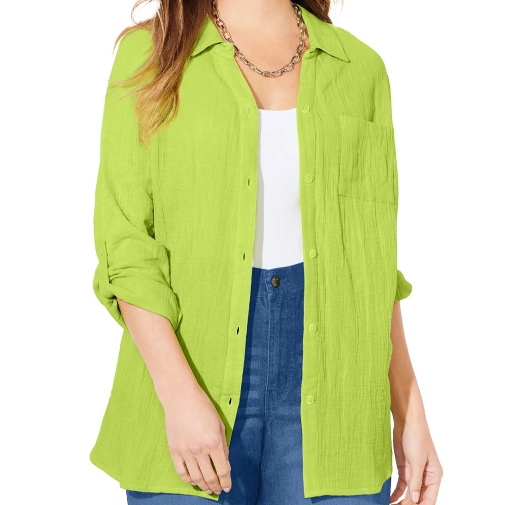 Chicos Lime Green 100% Cotton Button Down Lightweight Top Women’s Chico 1 Size M